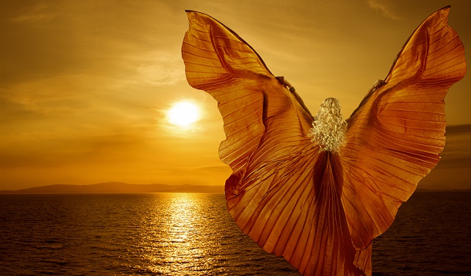 Woman With Butterfly Wings Flying On Fantasy Sea Sunset, Relaxat